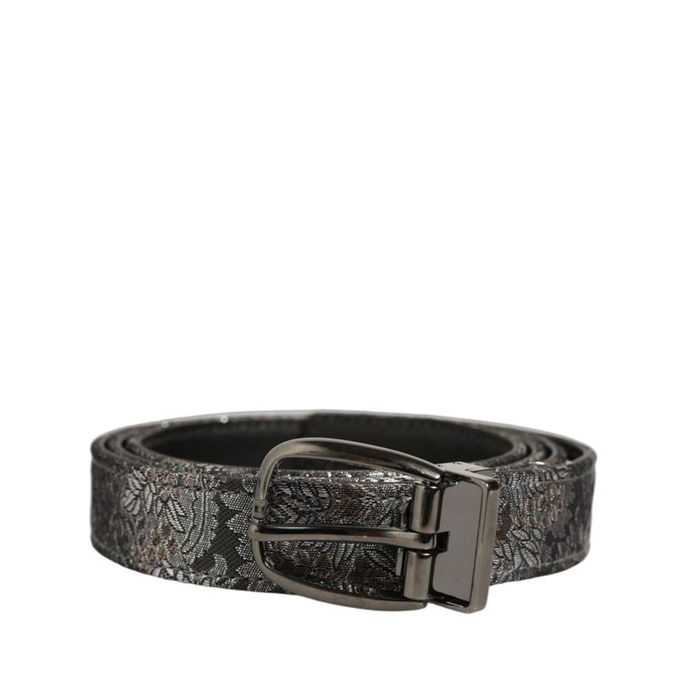 Dolce & Gabbana Silver Black Floral Jacquard Metal Buckle Men's Belt